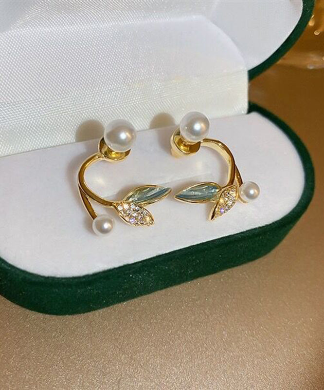Elegant Gold Sterling Silver Alloy Zircon Pearl Leaves Hoop Earrings
