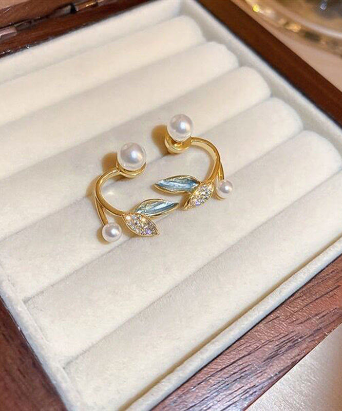 Elegant Gold Sterling Silver Alloy Zircon Pearl Leaves Hoop Earrings