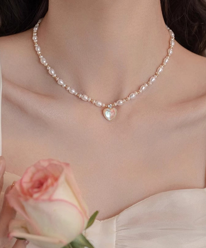Elegant Gold Sterling Silver Overgild Crystal Love Pearl Pendant Necklace