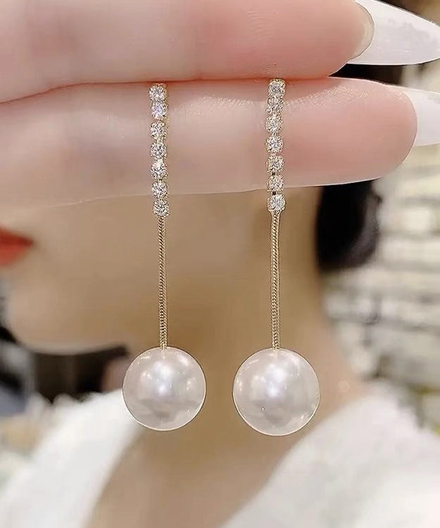 Elegant Gold Sterling Silver Overgild Zircon Pearl Tassel Drop Earrings