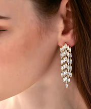 Elegant Gold Sterling Silver Overgild Zircon Tassel Drop Earrings