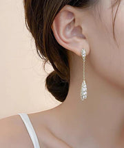 Elegant Gold Sterling Silver Zircon Tassel Water Drop Drop Earrings