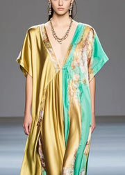 Elegant Golden Asymmetrical Design Print Silk Long Dress Summer