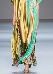 Elegant Golden Asymmetrical Design Print Silk Long Dress Summer