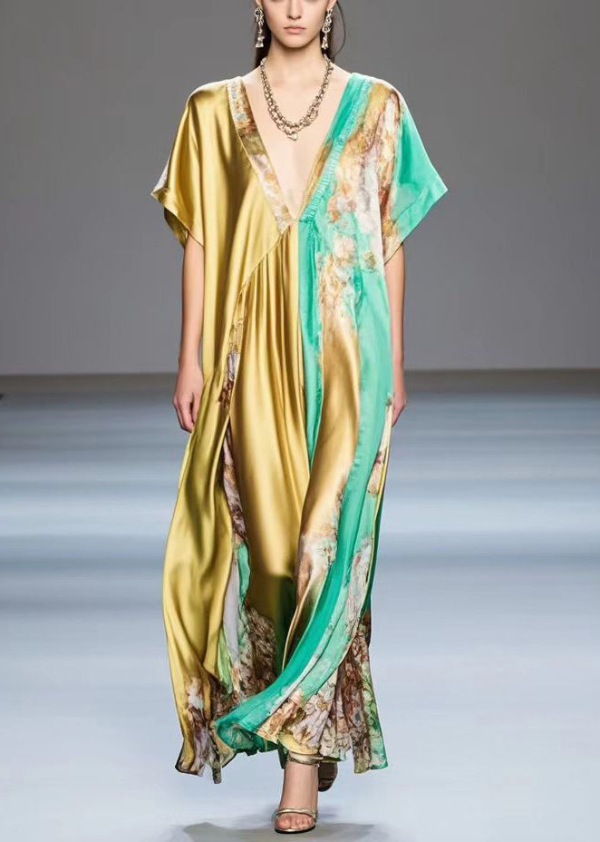 Elegant Golden Asymmetrical Design Print Silk Long Dress Summer