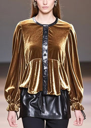 Elegant Golden O-Neck Patchwork Silk Velour Tops Spring