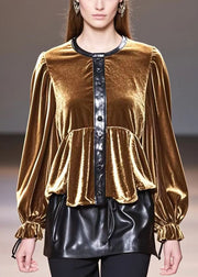 Elegant Golden O-Neck Patchwork Silk Velour Tops Spring