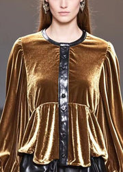 Elegant Golden O-Neck Patchwork Silk Velour Tops Spring