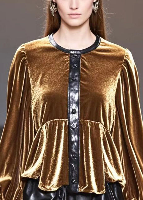 Elegant Golden O-Neck Patchwork Silk Velour Tops Fall