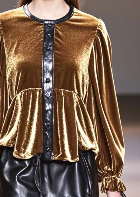 Elegant Golden O-Neck Patchwork Silk Velour Tops Fall