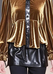 Elegant Golden O-Neck Patchwork Silk Velour Tops Spring