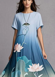 Elegant Gradient Blue Lotus Print Exra Large Hem Cotton Dress Summer