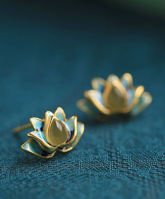 Elegant Gradient Color Blue Sterling Silver Jade Enamel Lotus Stud Earrings