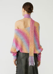 Elegant Gradient Color Cold Shoulder Knit Sweater Spring