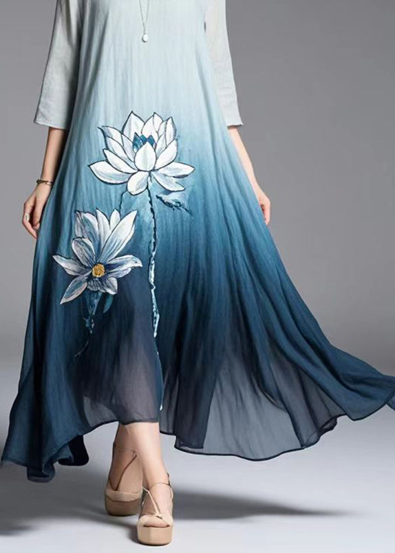 Elegant Gradient Color Lotus Print Cotton Dress Summer