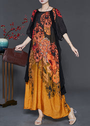 Elegant Gradient Color Print Patchwork Silk Long Dress Summer