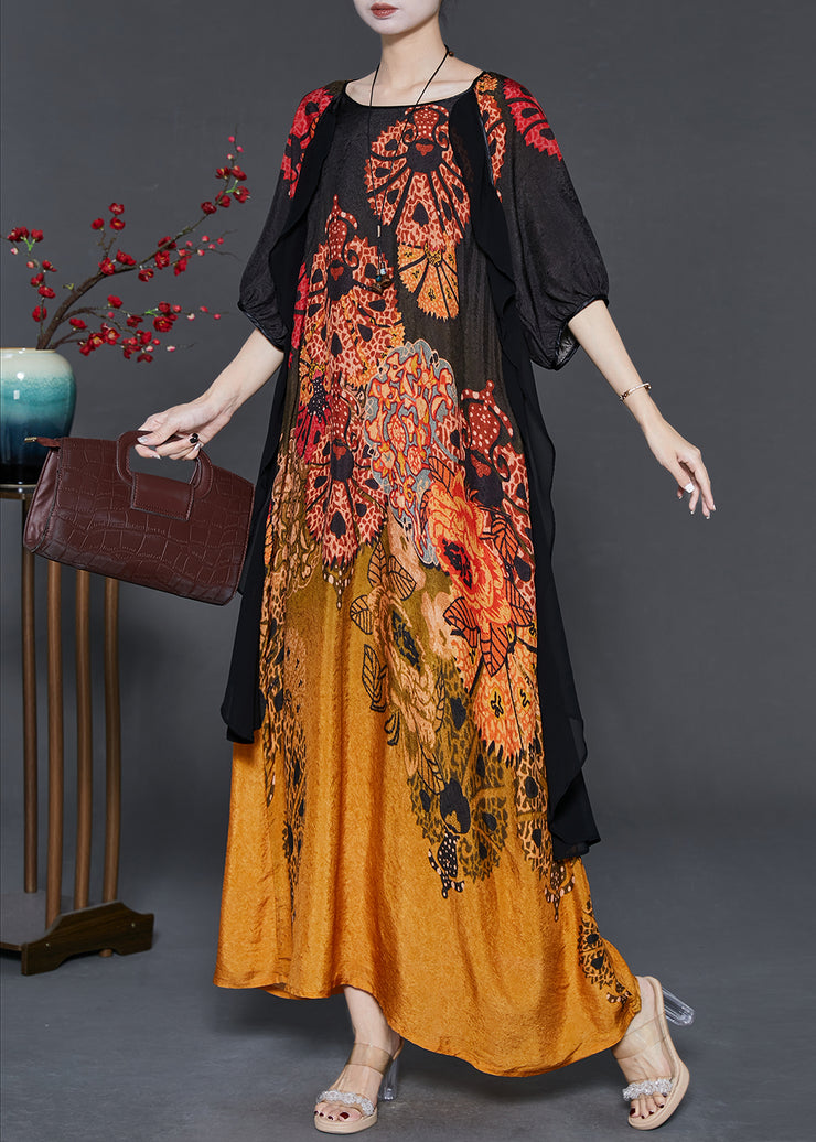 Elegant Gradient Color Print Patchwork Silk Long Dress Summer