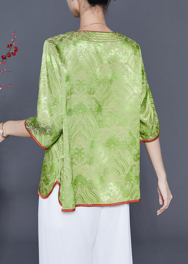 Elegant Grass Green Embroidered Lace Up Silk Top Summer