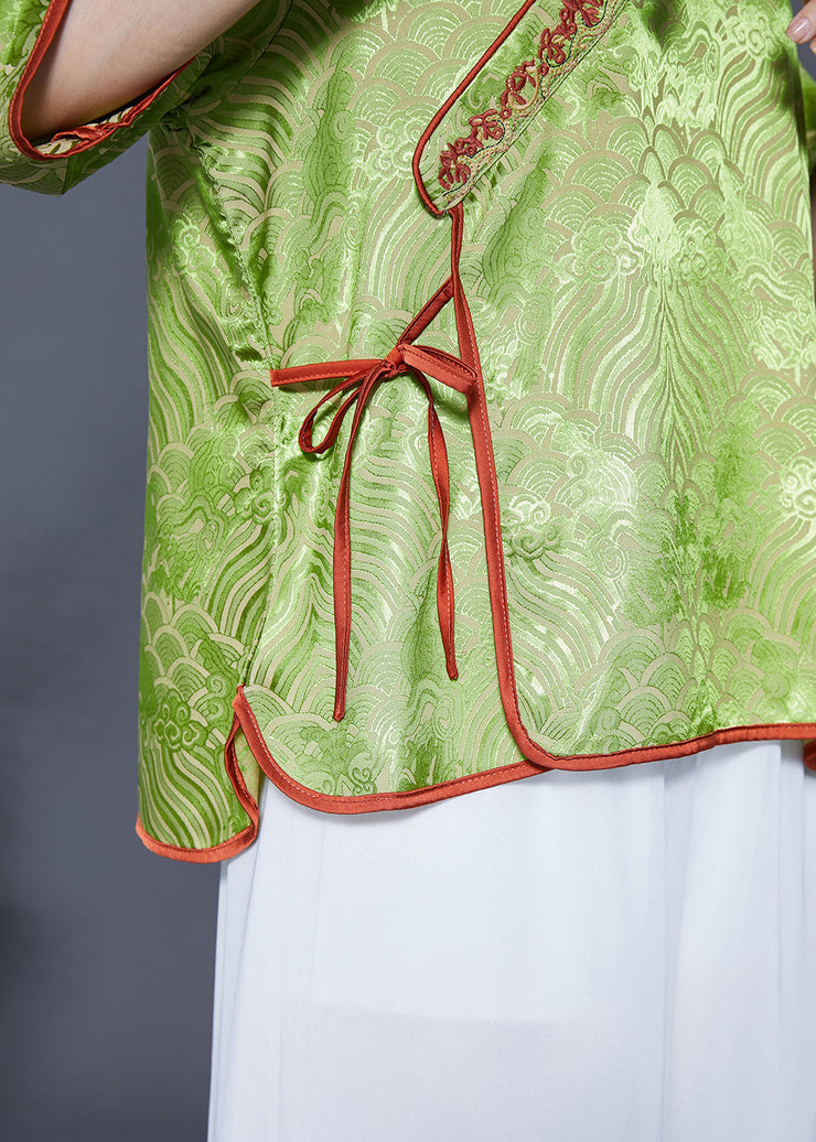 Elegant Grass Green Embroideried Lace Up Silk Top Summer