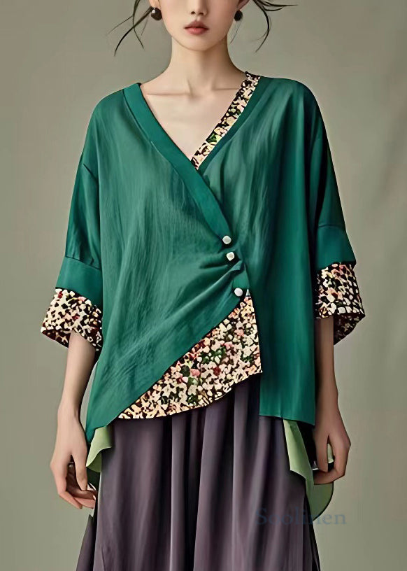 Elegant Green Asymmetrical Print Cotton Shirt Half Sleeve