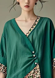 Elegant Green Asymmetrical Print Cotton Shirt Half Sleeve