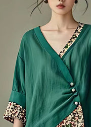 Elegant Green Asymmetrical Print Cotton Shirt Half Sleeve