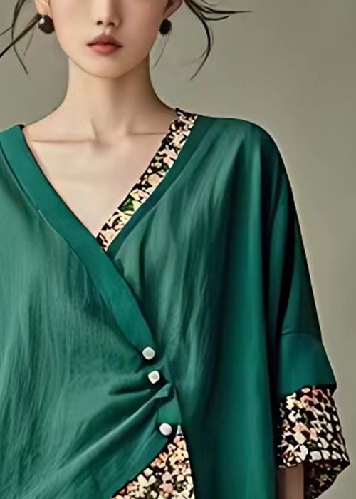 Elegant Green Asymmetrical Print Cotton Shirt Half Sleeve