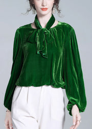 Elegant Green Bow Solid Silk Velour Top Winter