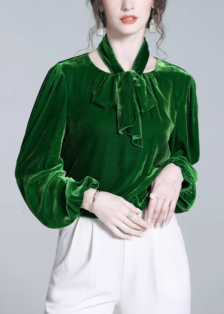 Elegant Green Bow Solid Silk Velour Top Winter