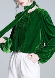 Elegant Green Bow Solid Silk Velour Top Winter