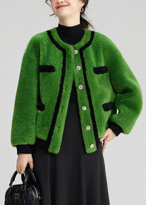 Elegant Green Button Pockets Fuzzy Fur Fluffy Coats Long Sleeve