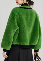 Elegant Green Button Pockets Fuzzy Fur Fluffy Coats Long Sleeve