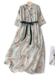 Elegant Green Button Print Lace Up Cotton Dresses Summer