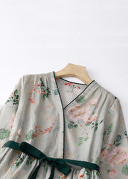 Elegant Green Button Print Lace Up Cotton Dresses Summer