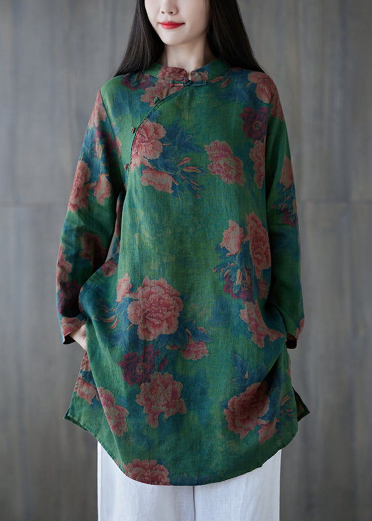 Elegant Green Button Print Linen Mid Dress Long Sleeve