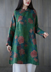 Elegant Green Button Print Linen Mid Dress Long Sleeve