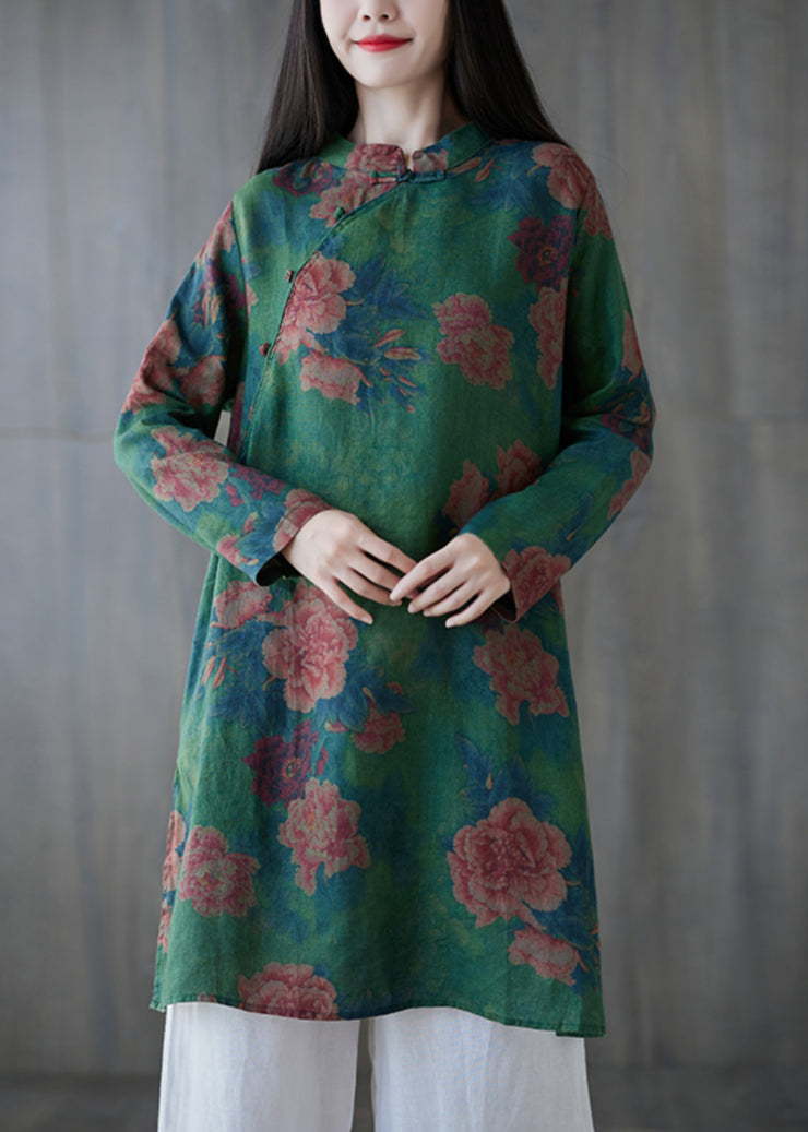 Elegant Green Button Print Linen Mid Dress Long Sleeve