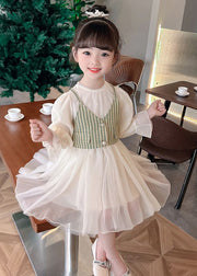 Elegant Green Button Waistcoat And Dress Tulle Kids Two Pieces Set Fall