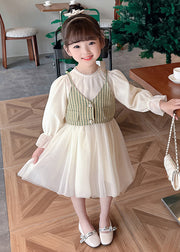 Elegant Green Button Waistcoat And Dress Tulle Kids Two Pieces Set Fall