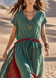 Elegant Green Cinched Patchwork Cotton Sundress Summer