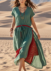 Elegant Green Cinched Patchwork Cotton Sundress Summer