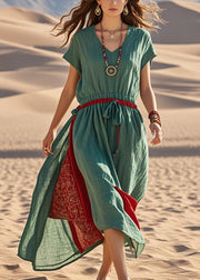 Elegant Green Cinched Patchwork Cotton Sundress Summer