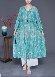 Elegant Green Cinched Print Chiffon Long Dresses Summer