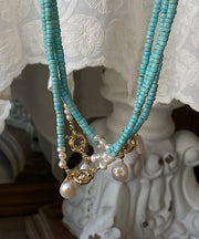 Elegant Green Copper Turquoise Pearl Pendant Necklace