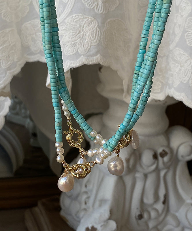 Elegant Green Copper Turquoise Pearl Pendant Necklace