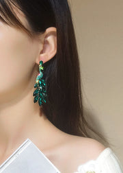 Elegant Green Crystal Peacock Flaunting Its Tail Drop Earrings