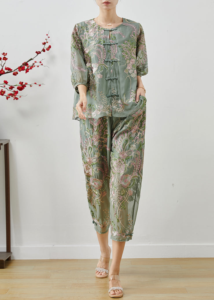 Elegant Green Embroidered Chinese Button Silk Two Pieces Set Summer