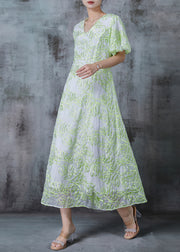 Elegant Green Embroidered Organza Robe Dresses Puff Sleeve