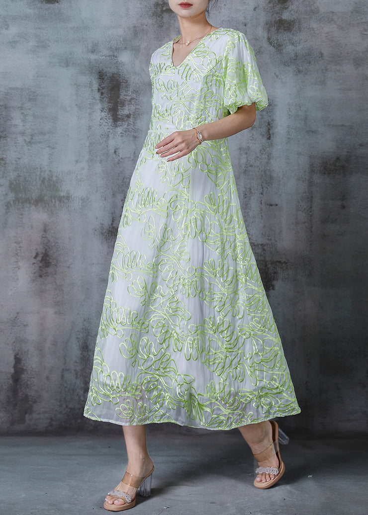 Elegant Green Embroidered Organza Robe Dresses Puff Sleeve