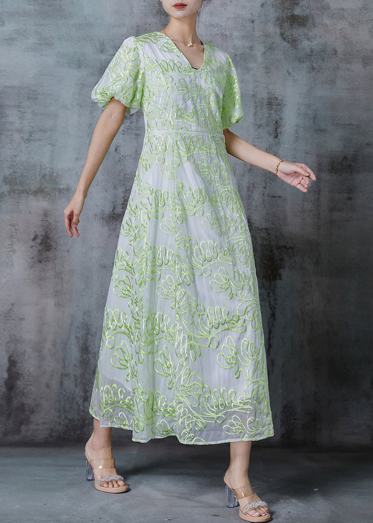 Elegant Green Embroidered Organza Robe Dresses Puff Sleeve